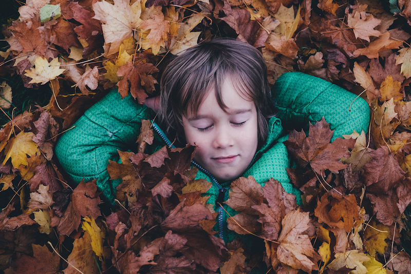 Un niño acostado en un montón de hojas
