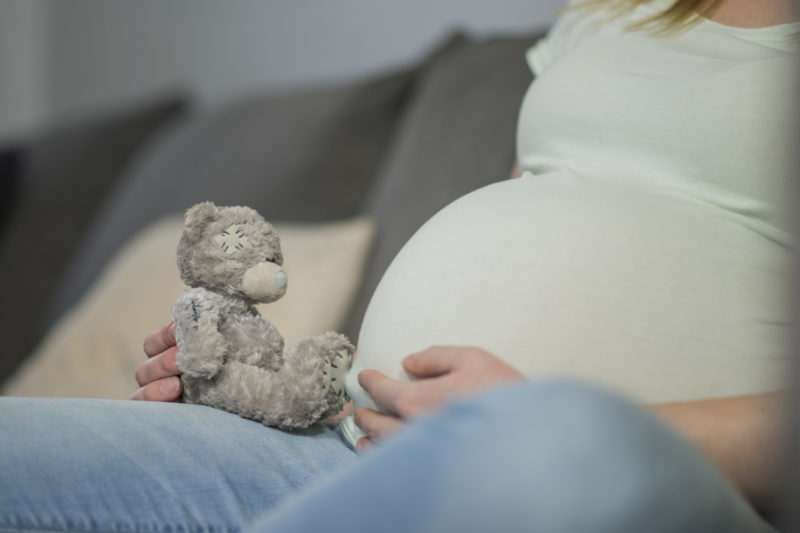 mujer embarazada y peluche